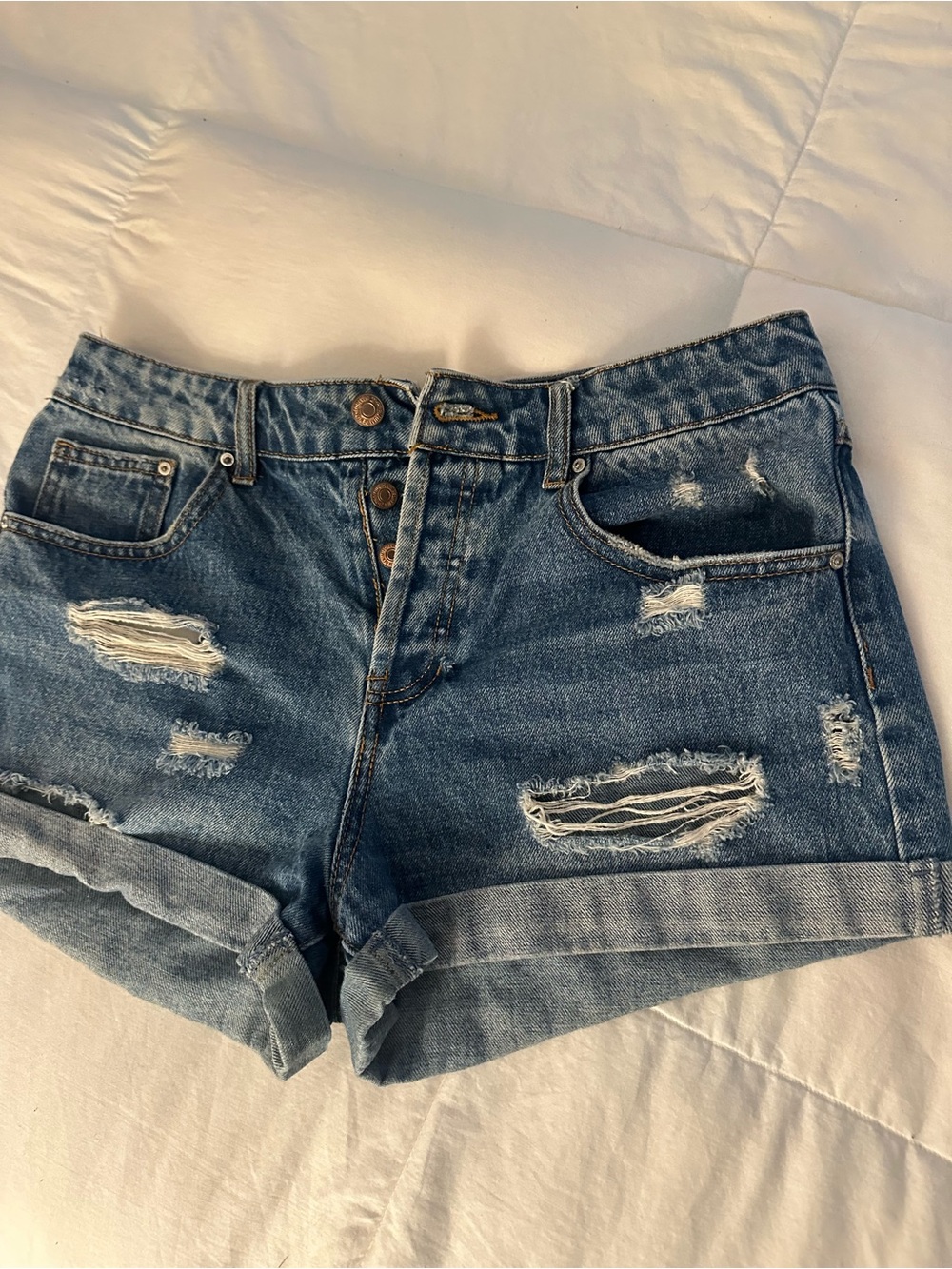 Forever 21 Distressed Rolled-Hem Denim Shorts - Blue